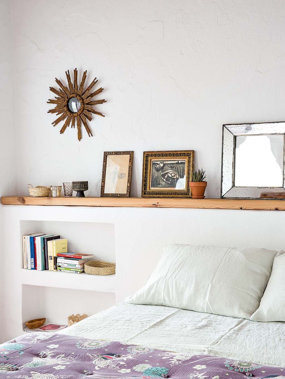 Furniture, Shelf, Room, Bedroom, Wall, Interior design, Bed, Living room, Purple, Shelving, 