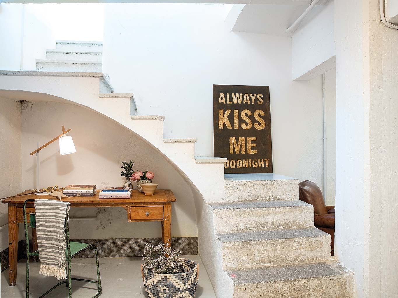 Interior design, Stairs, Wall, Ceiling, Desk, Writing desk, Plywood, 