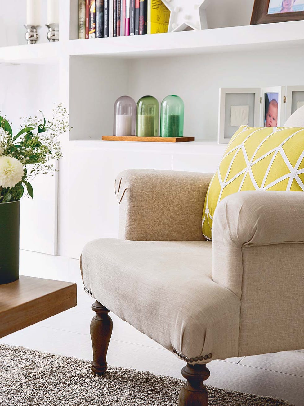 Furniture, Room, Couch, Shelf, Living room, Yellow, Interior design, Table, Home, Shelving, 
