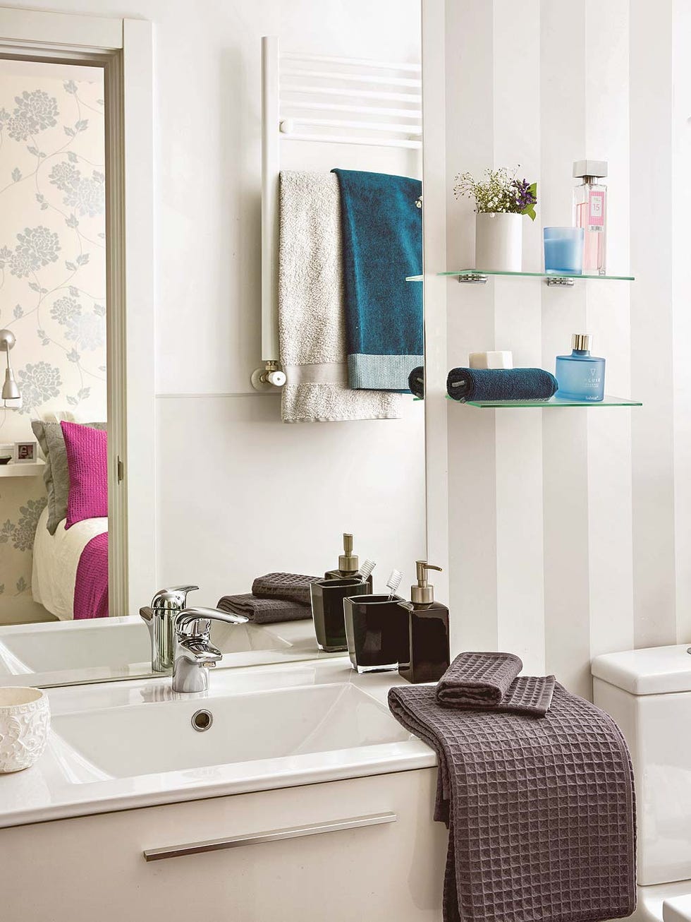 Bathroom, Room, Property, Interior design, Purple, Furniture, Sink, Wall, Home, Curtain, 