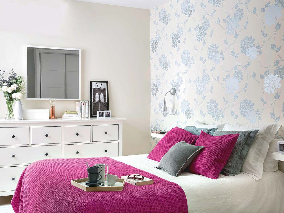 Bedroom, Furniture, Room, Pink, Interior design, Purple, Violet, Bed, Wall, Bed frame, 