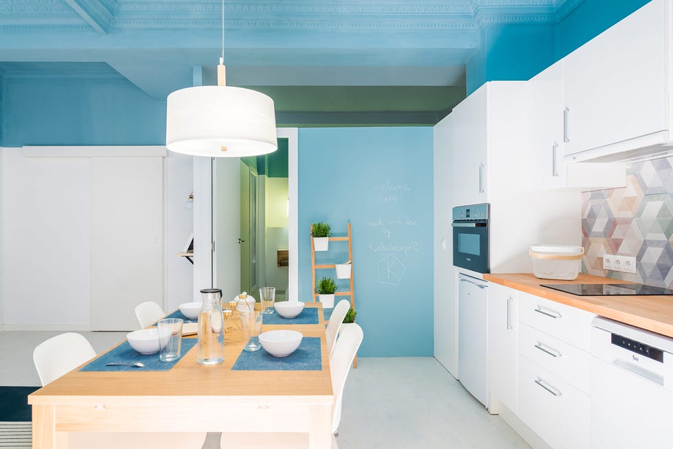 Room, Blue, Property, Turquoise, Green, Interior design, Furniture, Building, Kitchen, Ceiling, 