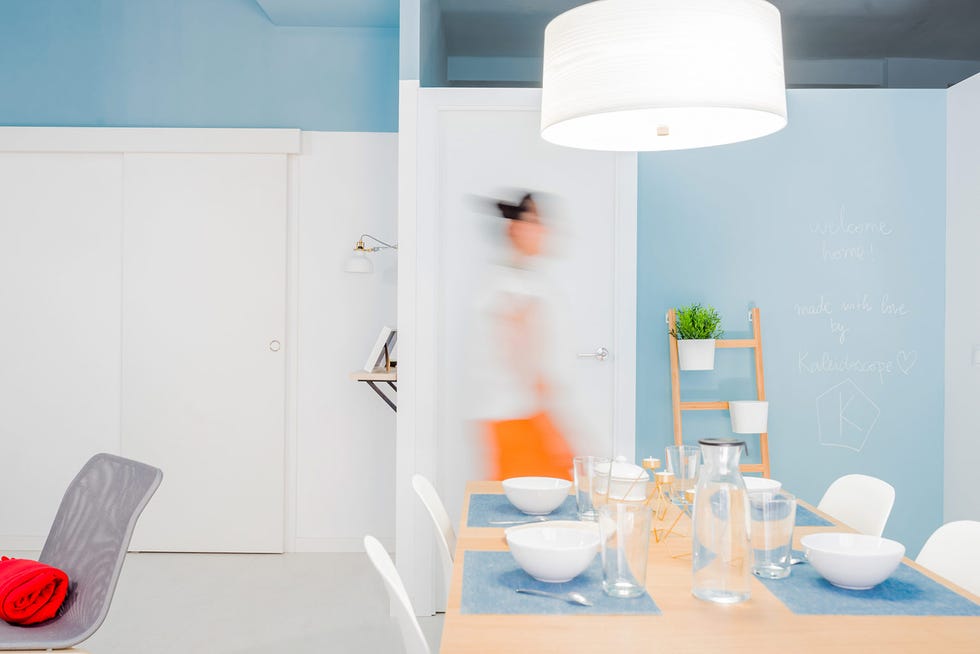 White, Blue, Room, Interior design, Yellow, Orange, Lighting, Ceiling, Furniture, Turquoise, 