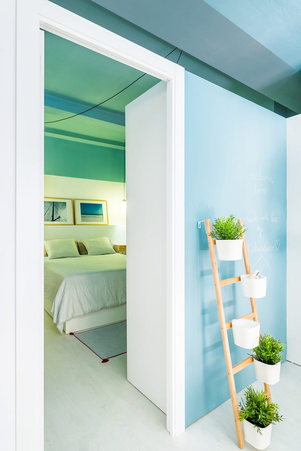 Green, Room, Turquoise, Door, Furniture, Interior design, Vehicle door, Ceiling, Wall, House, 