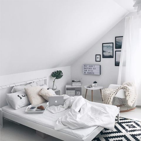 White, Furniture, Room, Bedroom, Interior design, Bed, Property, Bed sheet, Living room, Wall, 