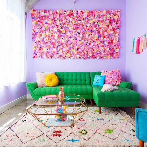 Blue, Room, Interior design, Green, Yellow, Textile, Wall, Furniture, Living room, Purple, 