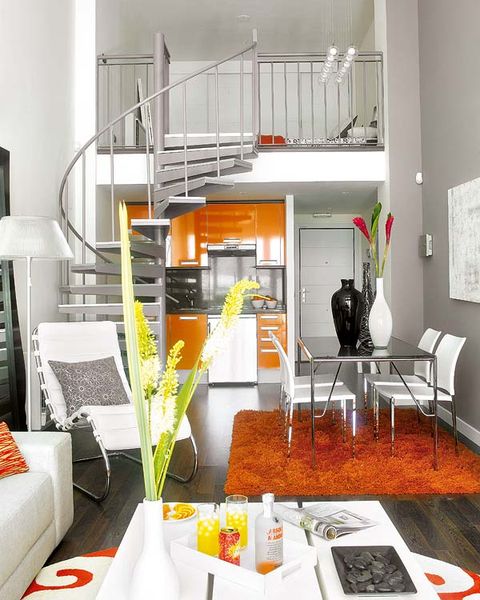 Room, Interior design, Orange, Floor, Furniture, Home, Living room, Table, Interior design, Wall, 