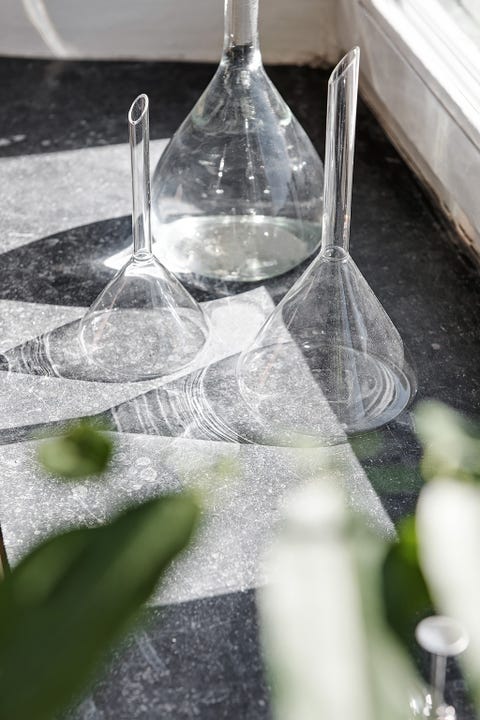 Glass, Transparent material, Glass bottle, Table, Wine glass, Room, Stemware, Plant, Silver, Interior design, 