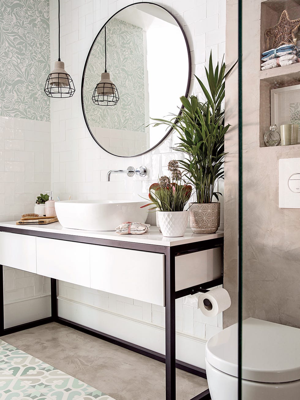 Bathroom, Room, Tile, Mirror, Interior design, Floor, Dresser, Tap, Furniture, Sink, 