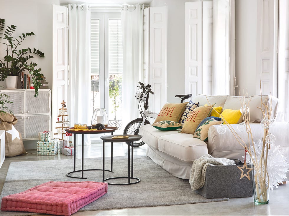 Furniture, Living room, Curtain, Room, Interior design, Yellow, Couch, Pink, Floor, Table, 