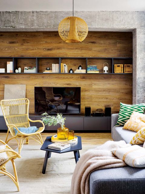 Living room, Room, Interior design, Furniture, Yellow, Coffee table, Property, Wall, Table, Ceiling, 
