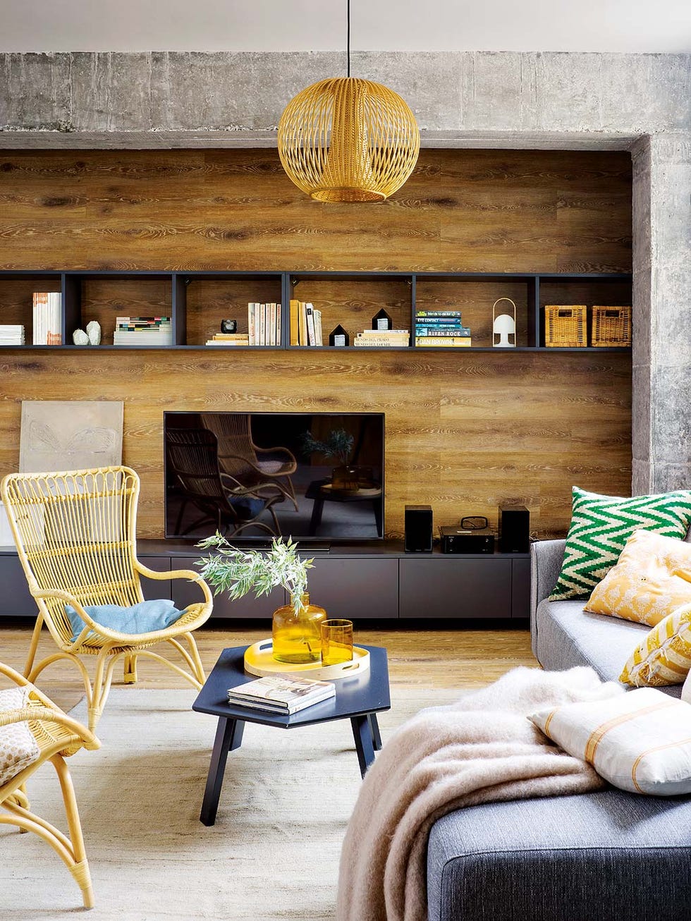 Living room, Room, Interior design, Furniture, Yellow, Coffee table, Property, Wall, Table, Ceiling, 