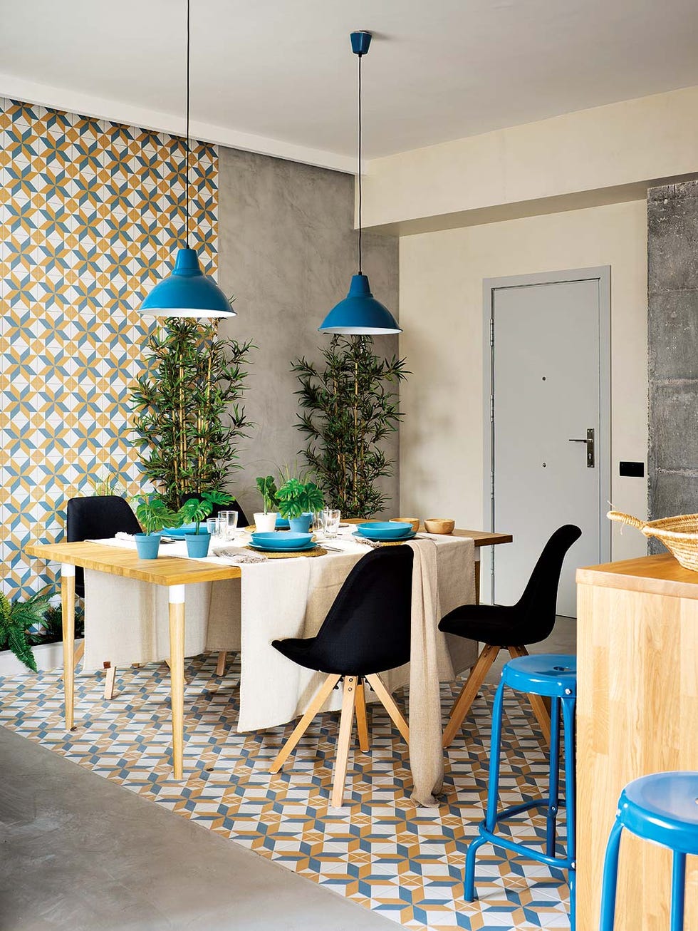 Room, Dining room, Blue, Interior design, Furniture, Property, Turquoise, Table, Wall, Yellow, 