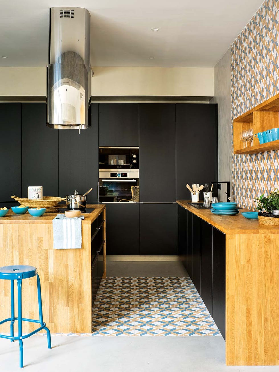 Countertop, Room, Kitchen, Cabinetry, Furniture, Property, Interior design, Turquoise, Yellow, Building, 