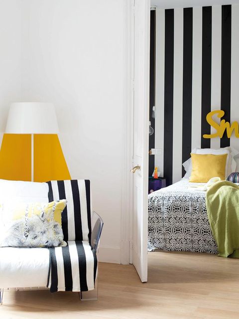 Yellow, Furniture, Bedroom, Room, Interior design, Bed, Product, Wall, Black-and-white, Bedding, 