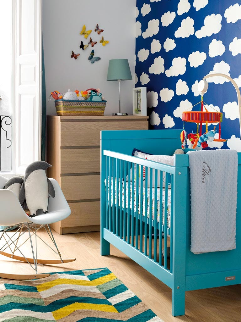 Product, Blue, Room, Infant bed, Furniture, Aqua, Turquoise, Nursery, Green, Interior design, 
