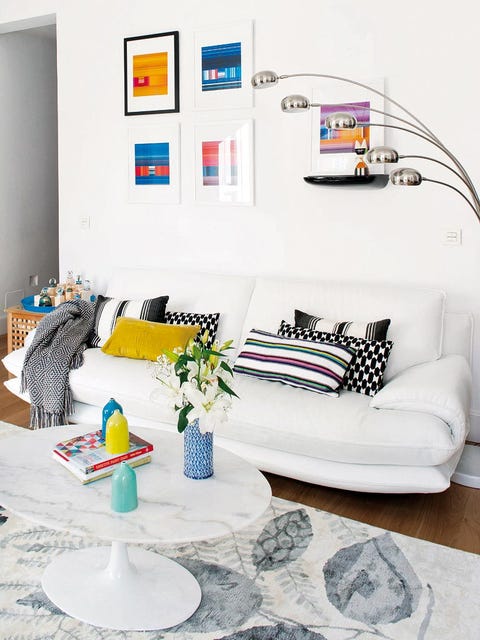 Living room, White, Furniture, Room, Interior design, Couch, Blue, Yellow, Coffee table, studio couch, 