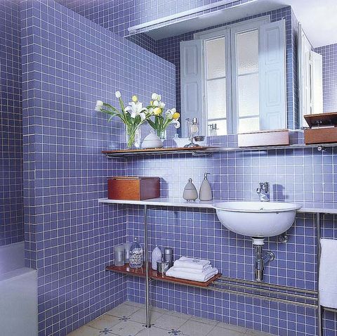Plumbing fixture, Room, Bathroom sink, Interior design, Tile, Wall, Architecture, Purple, Tap, Sink, 