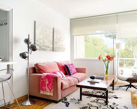 Room, Interior design, Furniture, Wall, Home, Floor, Living room, Flooring, Couch, Pink, 