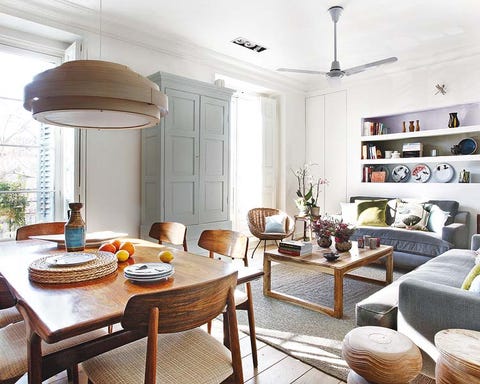 Room, Interior design, Wood, Lighting, Floor, Furniture, Table, Wall, Ceiling, Light fixture, 