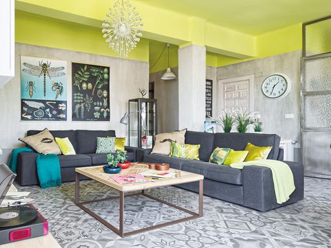Room, Green, Interior design, Yellow, Floor, Living room, Wall, Furniture, Flooring, Home, 