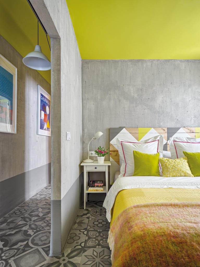 Interior design, Room, Yellow, Floor, Wall, Bed, Flooring, Linens, Bedroom, Ceiling, 