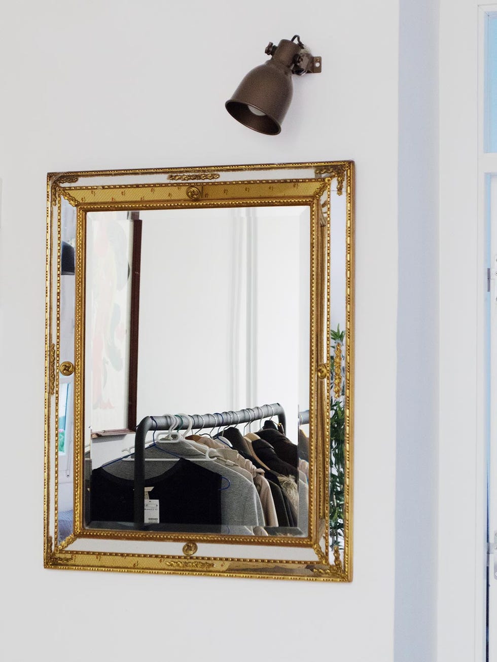 Mirror, Wall, Picture frame, Room, Furniture, Brass, Shelf, Window, Interior design, Rectangle, 
