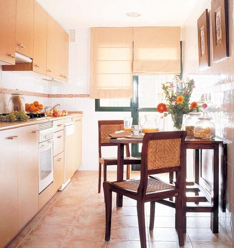 Wood, Room, Floor, Flooring, Interior design, Table, Furniture, Home, Kitchen, Kitchen appliance, 