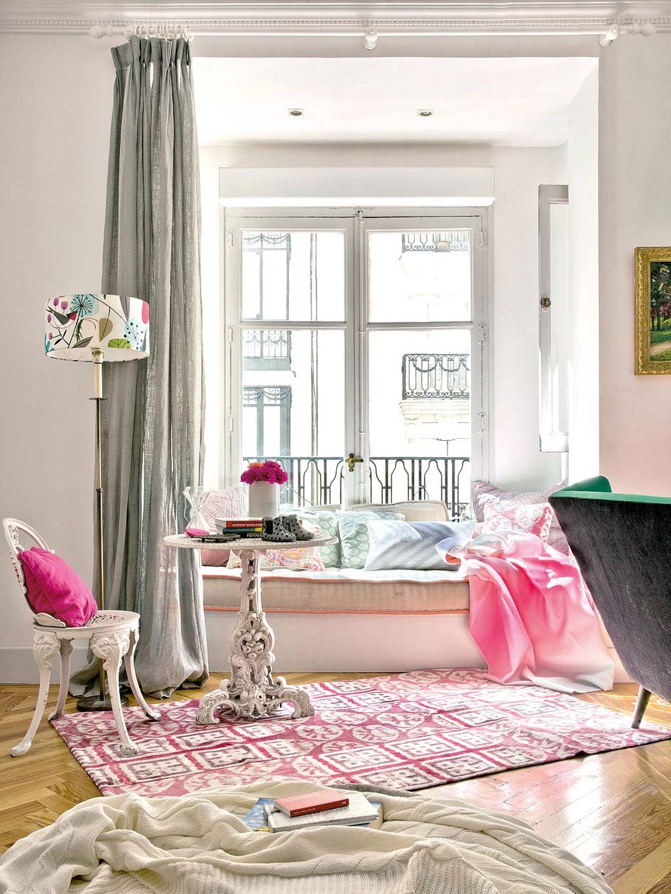 Room, Pink, Living room, Furniture, Interior design, Property, Curtain, Home, Table, Bedroom, 