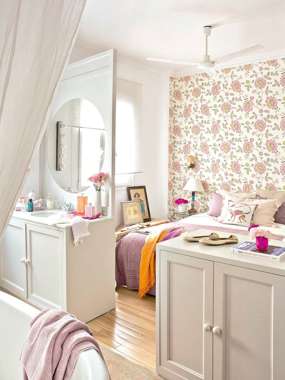 Furniture, Room, Interior design, Pink, Bedroom, Property, Curtain, Bed, Wall, Building, 