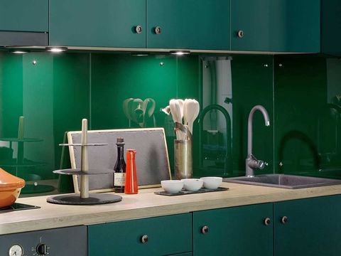 Green, Turquoise, Room, Sink, Material property, Bathroom, Interior design, Furniture, Kitchen, 