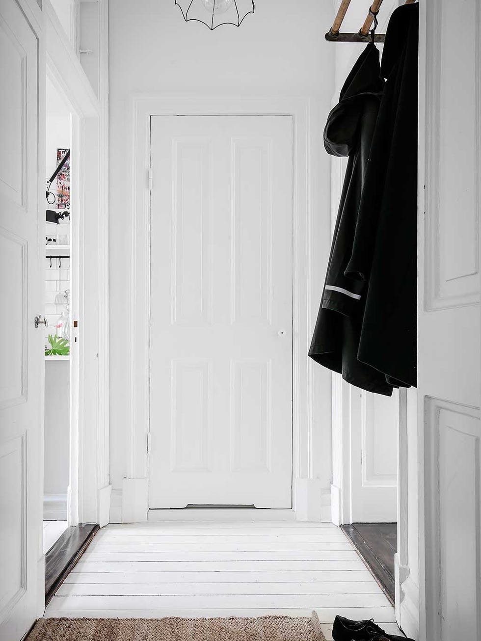 White, Black, Room, Black-and-white, Door, Wall, Interior design, Floor, House, Home, 