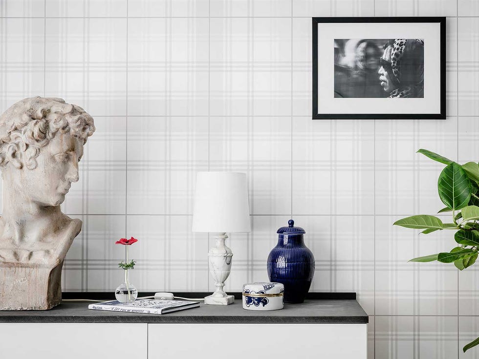 White, Tile, Wall, Room, Interior design, Art, Marble, Still life photography, Flooring, Plant, 