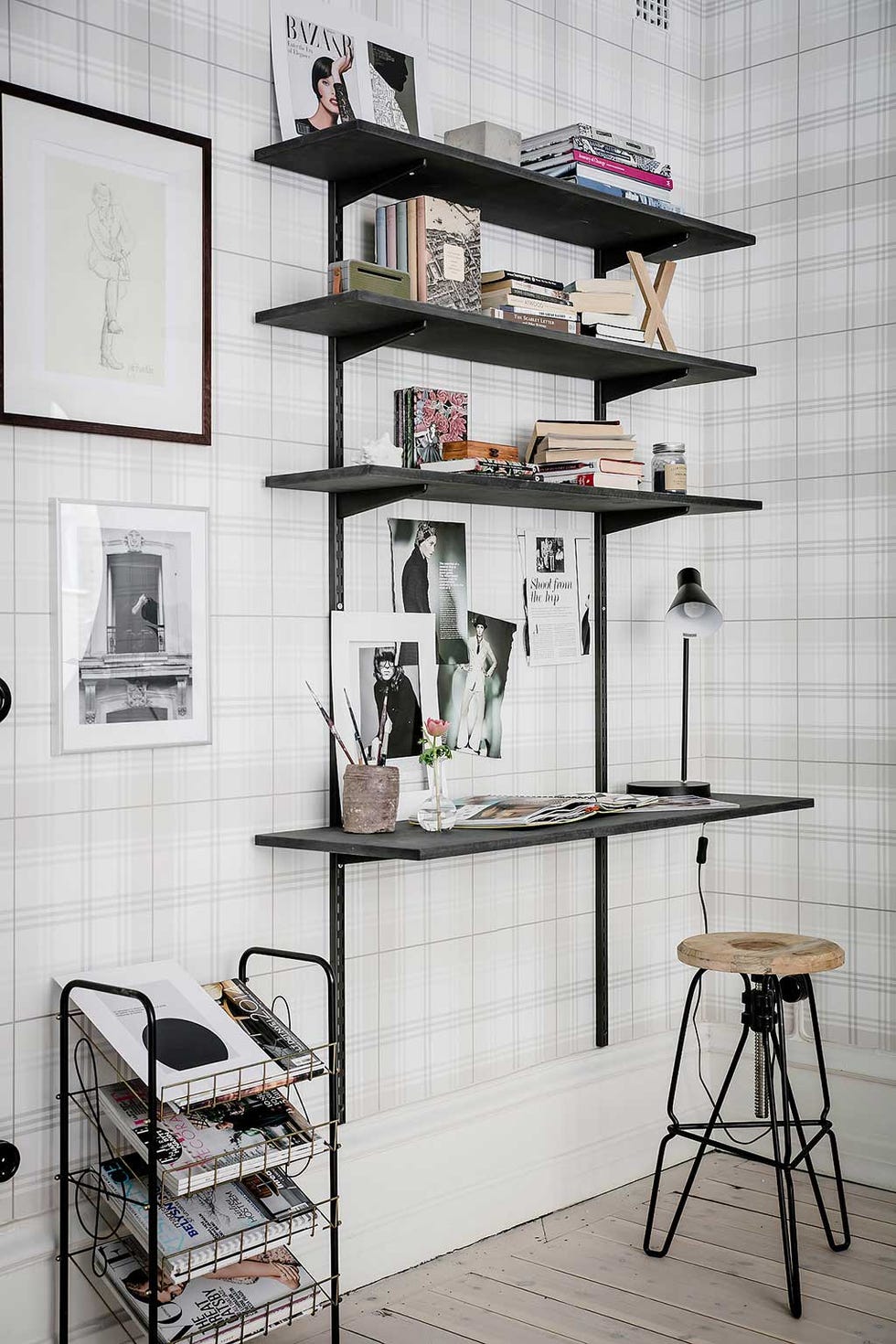 Shelf, Shelving, Furniture, Wall, Room, Iron, Desk, Bookcase, Table, Interior design, 