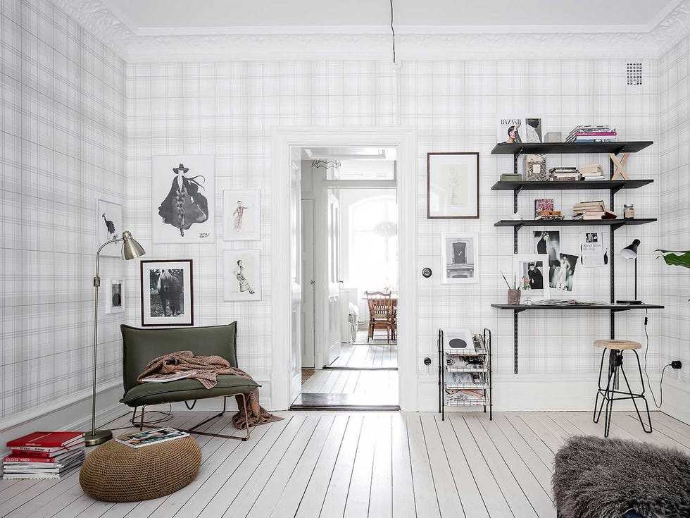 White, Room, Interior design, Furniture, Living room, Wall, Property, Floor, Building, Black-and-white, 