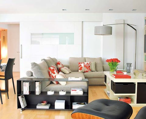 Room, Interior design, Living room, Floor, Furniture, Home, Wall, Couch, Ceiling, Orange, 