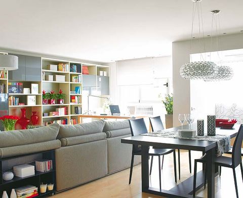 Interior design, Room, Floor, Furniture, Table, Living room, Flooring, Shelf, Couch, Wall, 