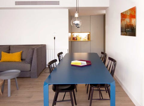 Room, Dining room, Furniture, Property, Table, Interior design, Yellow, Ceiling, Floor, Lighting, 
