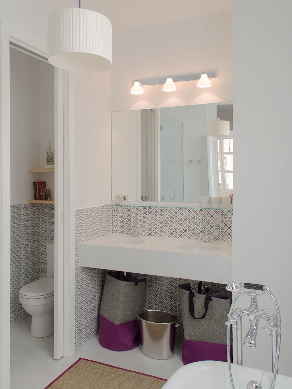 Room, Plumbing fixture, Interior design, Property, Bathroom sink, Wall, Light fixture, Purple, Ceiling fixture, Ceiling, 