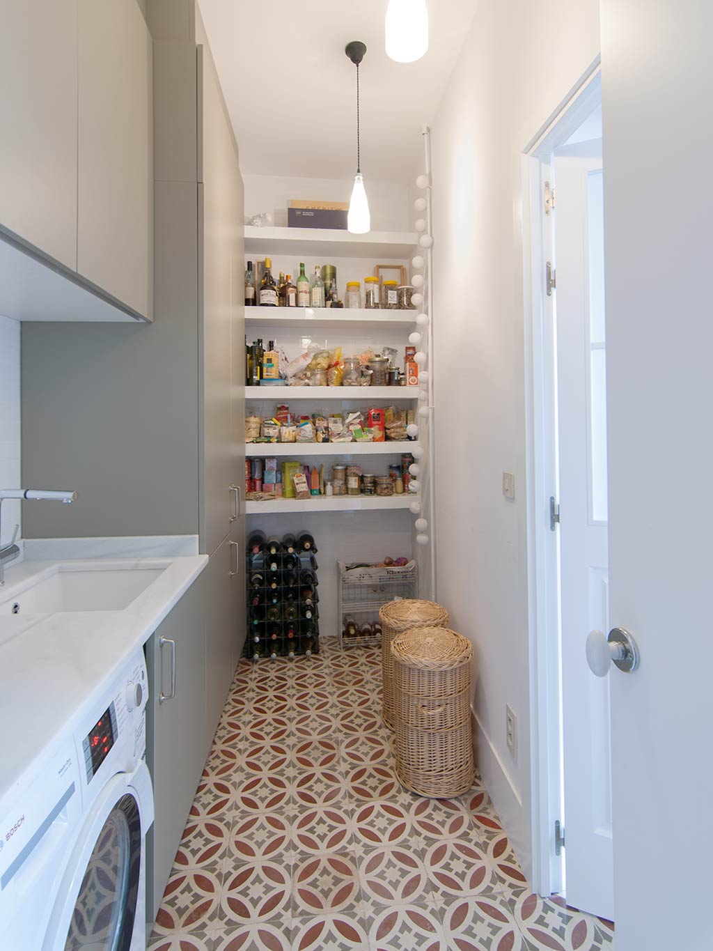 Room, Floor, Washing machine, Flooring, Wall, Laundry room, Shelf, Door, Interior design, Shelving, 