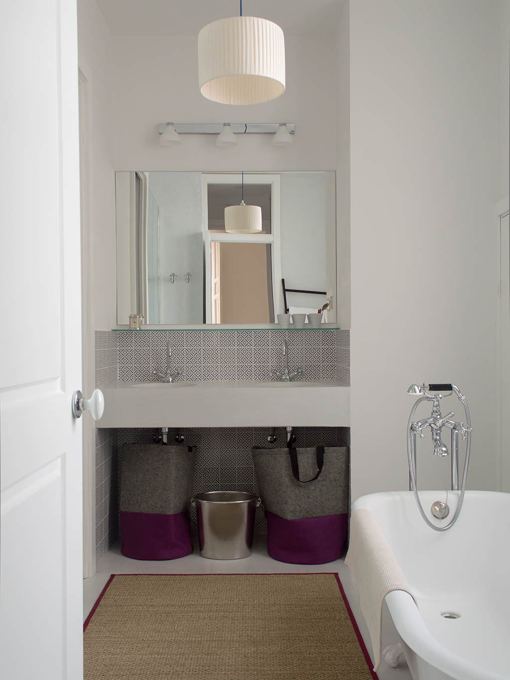 Plumbing fixture, Room, Bathroom sink, Interior design, Floor, Property, Wall, Flooring, Tile, Purple, 