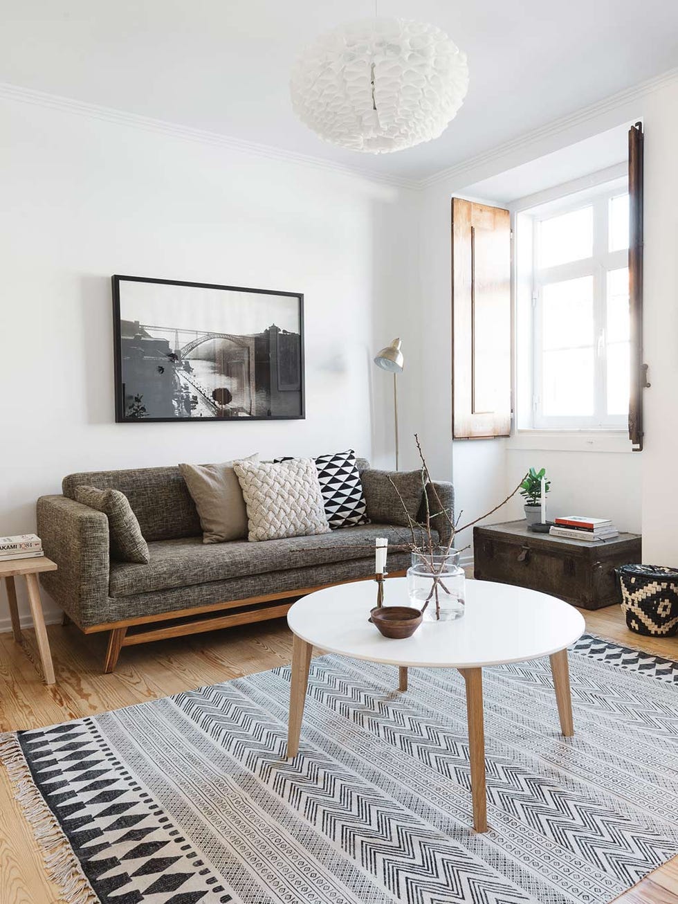 Room, Floor, Interior design, Flooring, Wood, Furniture, Table, Wall, White, Couch, 