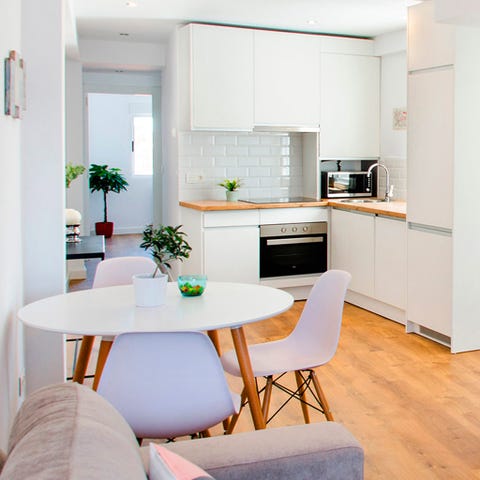 Furniture, Room, White, Interior design, Kitchen, Property, Dining room, Floor, Countertop, Table, 
