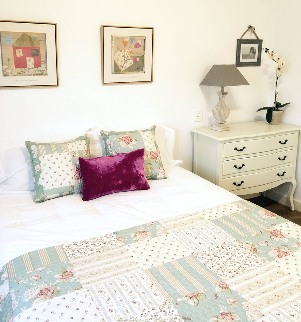 Bedroom, Bed sheet, Furniture, Bed, Room, Bedding, Interior design, Bed frame, Purple, Pink, 