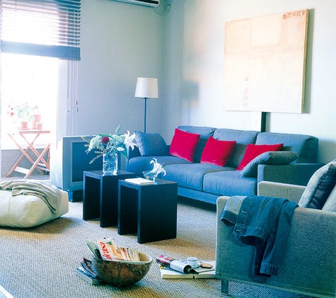 Blue, Room, Interior design, Floor, Living room, Wall, Couch, Home, Furniture, Flooring, 