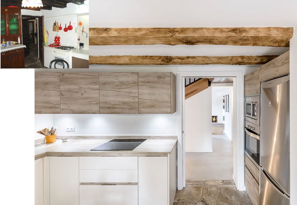 Property, Room, Furniture, Countertop, Kitchen, Interior design, Tile, Wall, Cabinetry, Floor, 