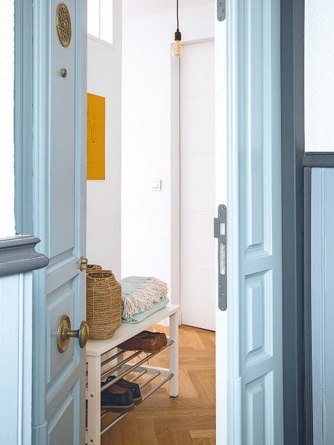 Wood, Room, Property, Floor, Wall, Home door, Interior design, Flooring, Door, Teal, 