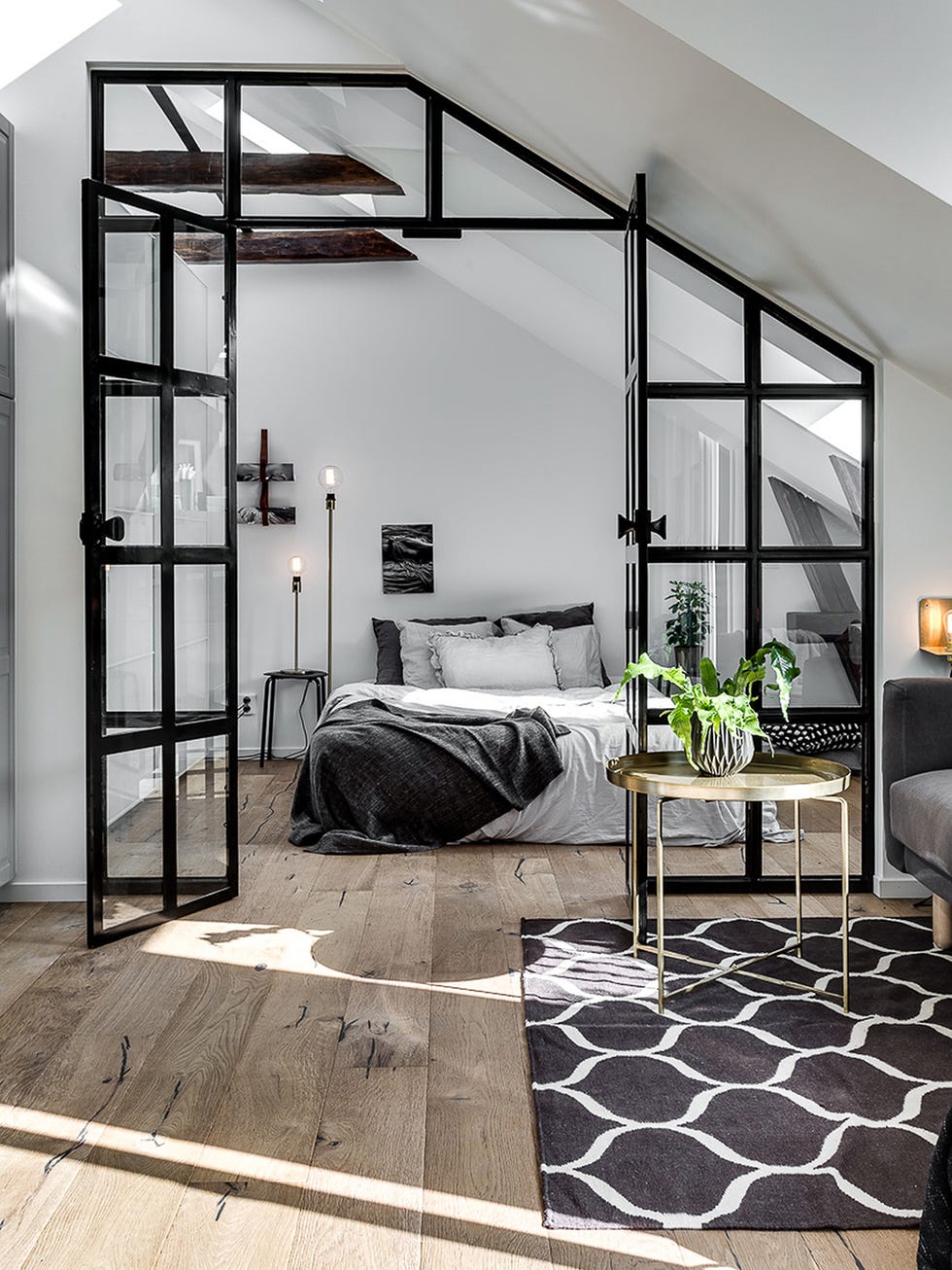 Furniture, Room, Interior design, Black-and-white, Building, Bed, Ceiling, Wall, Floor, Living room, 