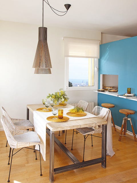 Room, Wood, Interior design, Yellow, Floor, Furniture, Table, Dining room, Flooring, Ceiling, 