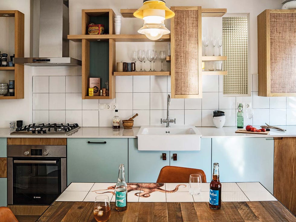 Room, Furniture, Interior design, Kitchen, Cabinetry, Countertop, Turquoise, Green, Shelf, Property, 